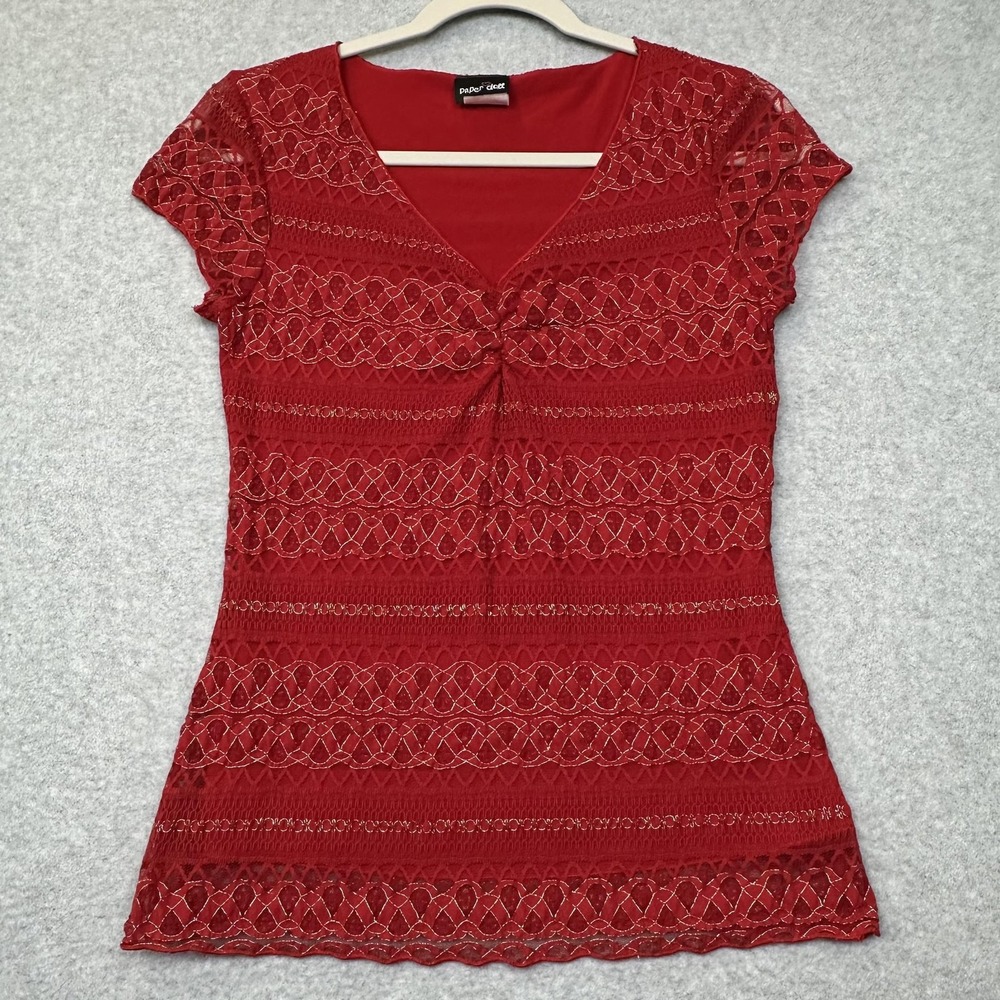 Paper Doll Shirt Womens M Red Sheer Lace Short Sleeve Fitted Top Ruched VTG USA